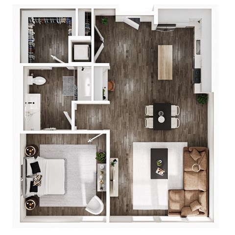 Floor plan for 1 bed, 1 bath, 965 sqft